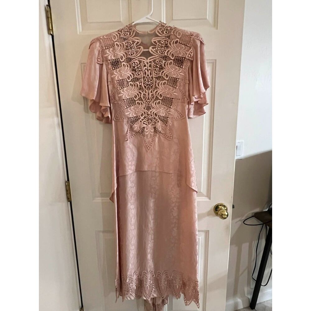 Vtg 80s Capriccio Digna Blush Pink Dress Silk Lace Romantic Victorian Formal 6